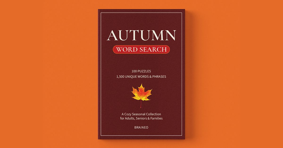 Autumn Word Search puzzle book by Braineo featuring 100 fall-themed puzzles and 1,500 unique words and phrases on an orange background.