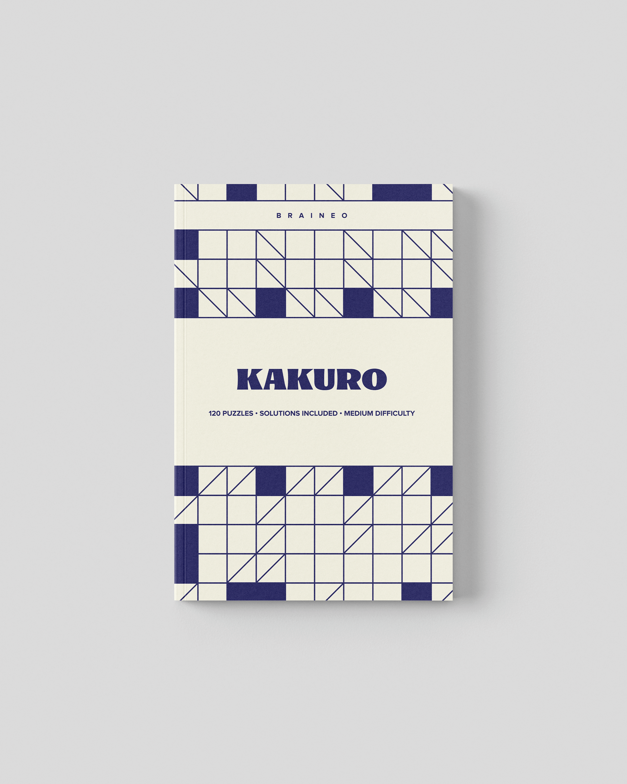 Kakuro puzzle book cover with blue and cream geometric grid design, 120 medium difficulty puzzles, 6 x 9 inch portable format, solutions included, created for adults and seniors