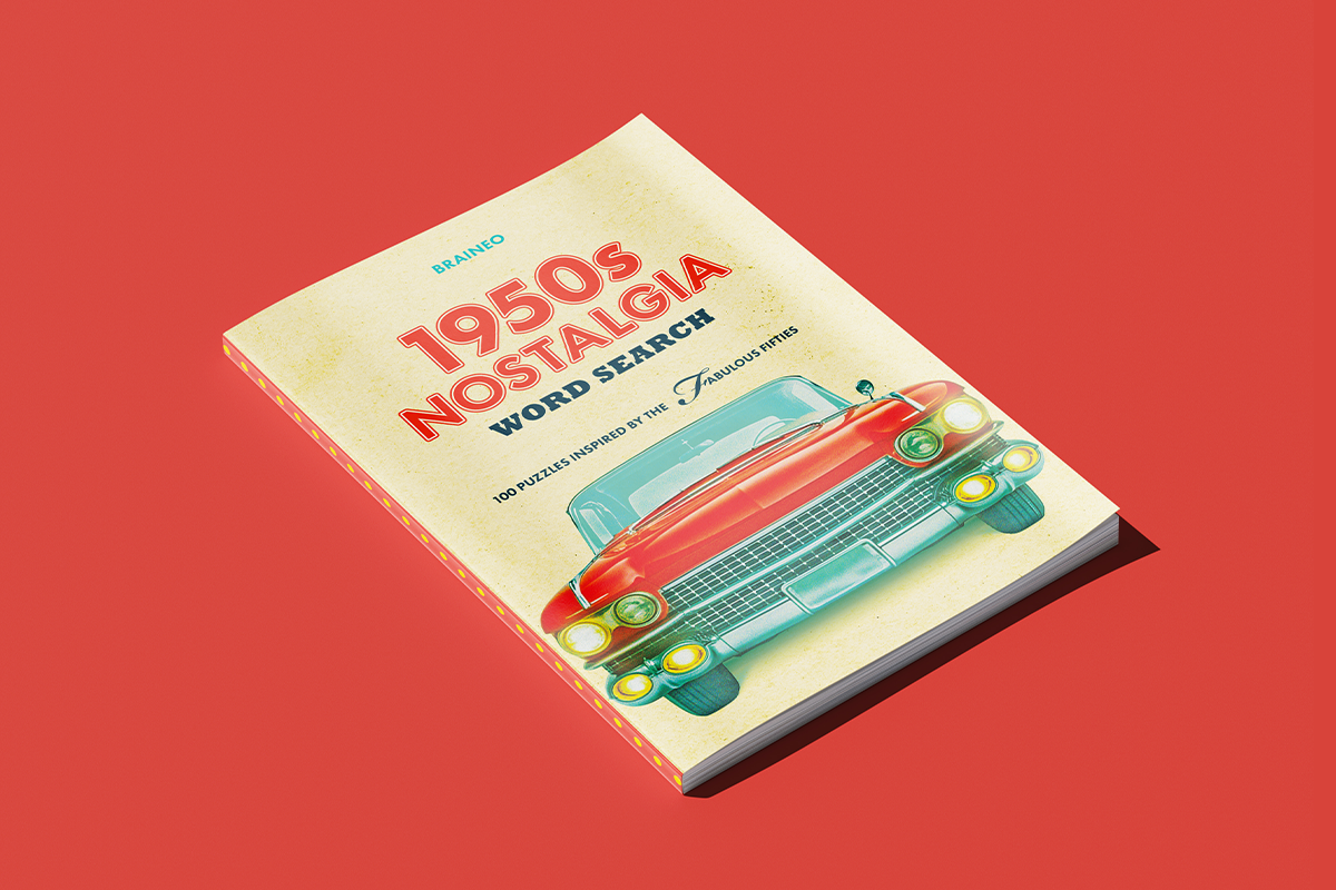 1950s Nostalgia Word Search book by Braineo with a classic car cover design