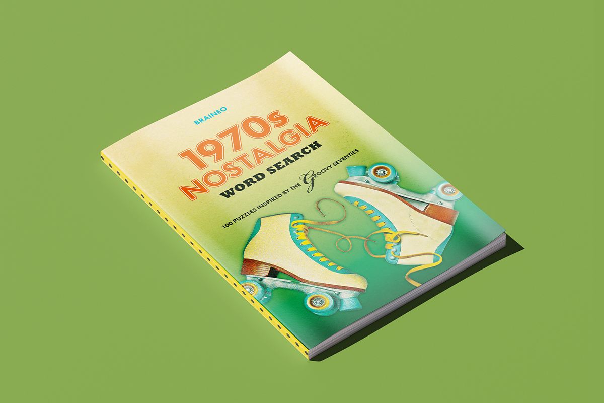 1970s Nostalgia Word Search book by Braineo with a roller skates cover design