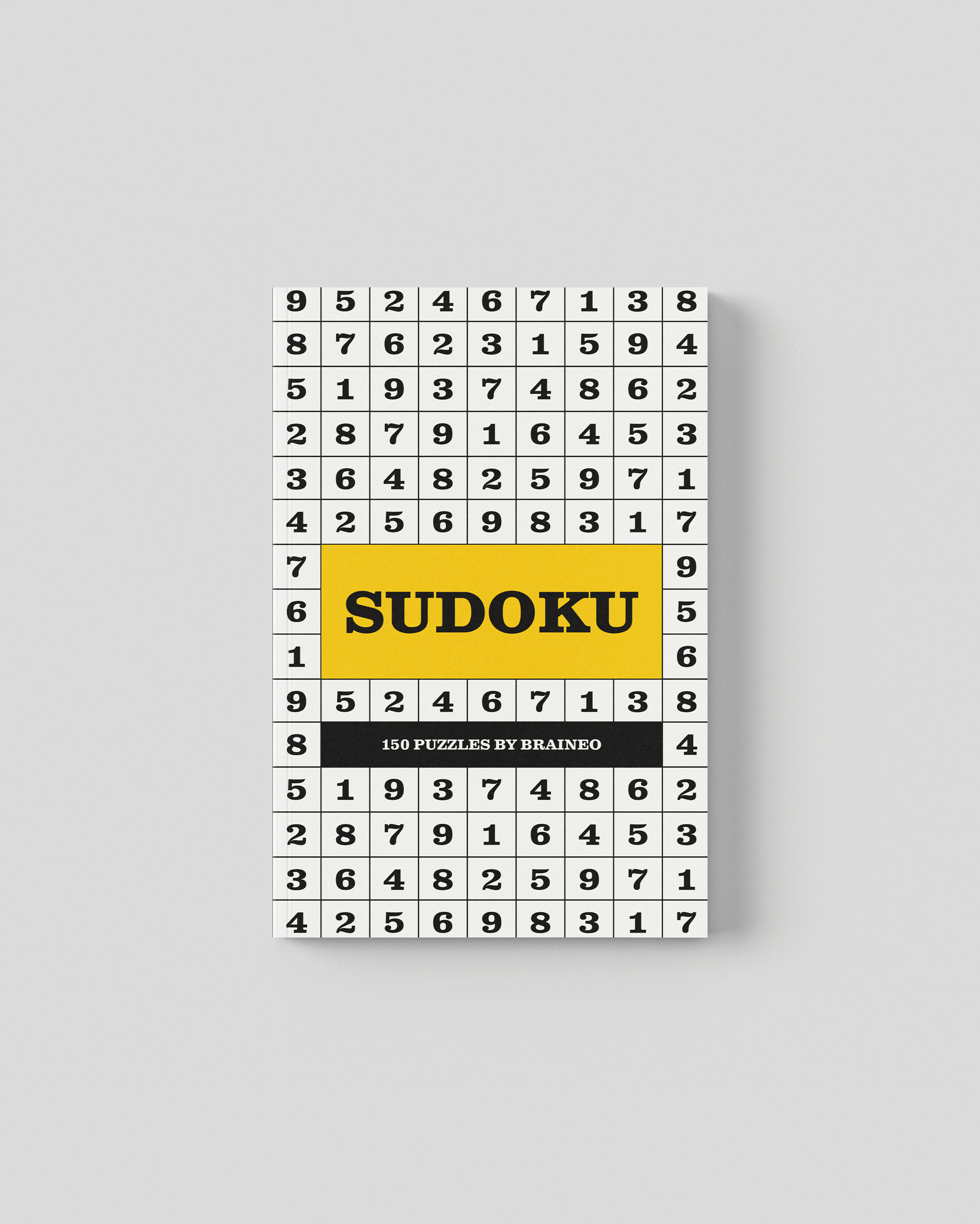 Hard sudoku travel sized puzzle book cover, yellow grid design, 5 x 8 inches with 150 puzzles and solutions included.