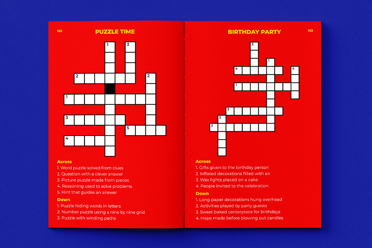 Open book showing Puzzle Time and Birthday Party crossword puzzles