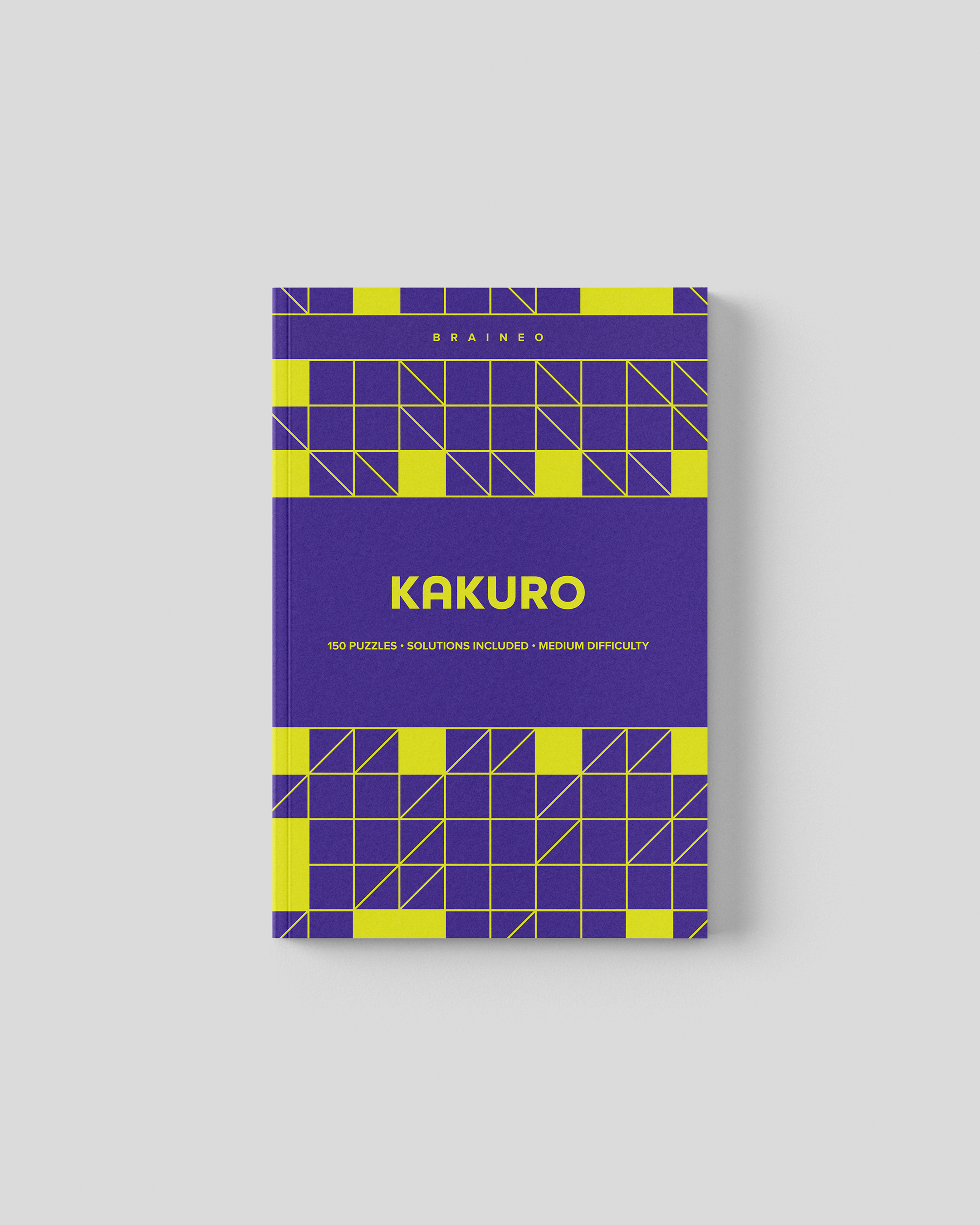 Kakuro puzzle book cover with purple and yellow geometric grid design, 150 medium difficulty puzzles, 6 x 9 inch portable format, solutions included, created for adults and seniors