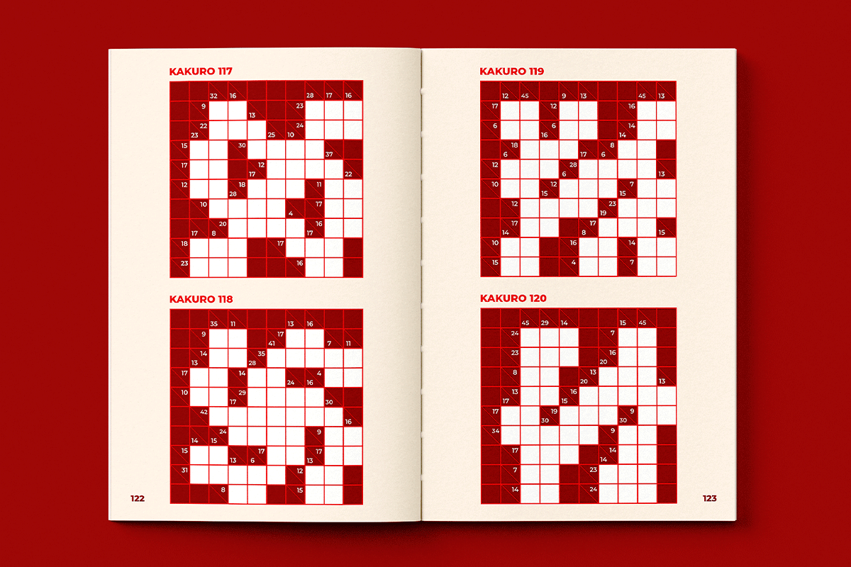 Open Gridwise puzzle book showing four Kakuro puzzles across two pages