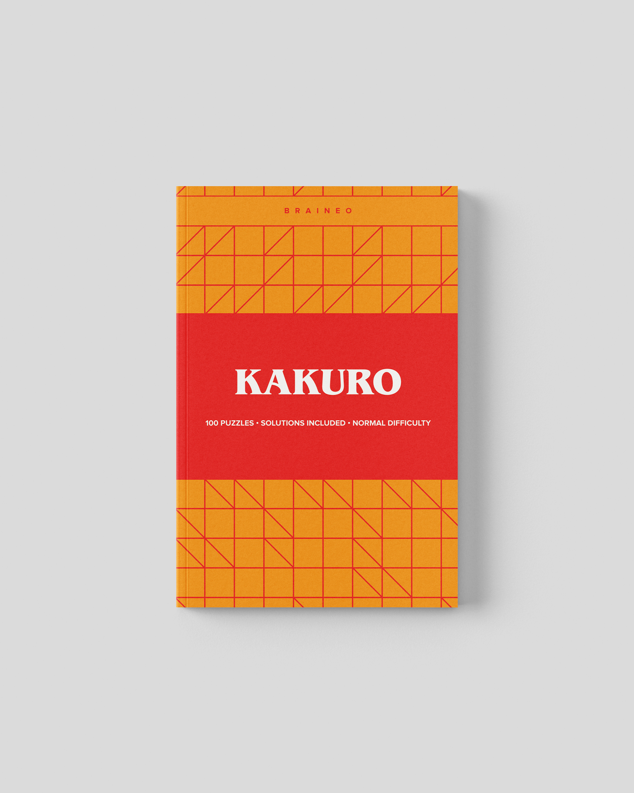 Normal difficulty Kakuro puzzle book cover with orange and red geometric grid design, 5 x 8 inches, 100 puzzles with solutions included.
