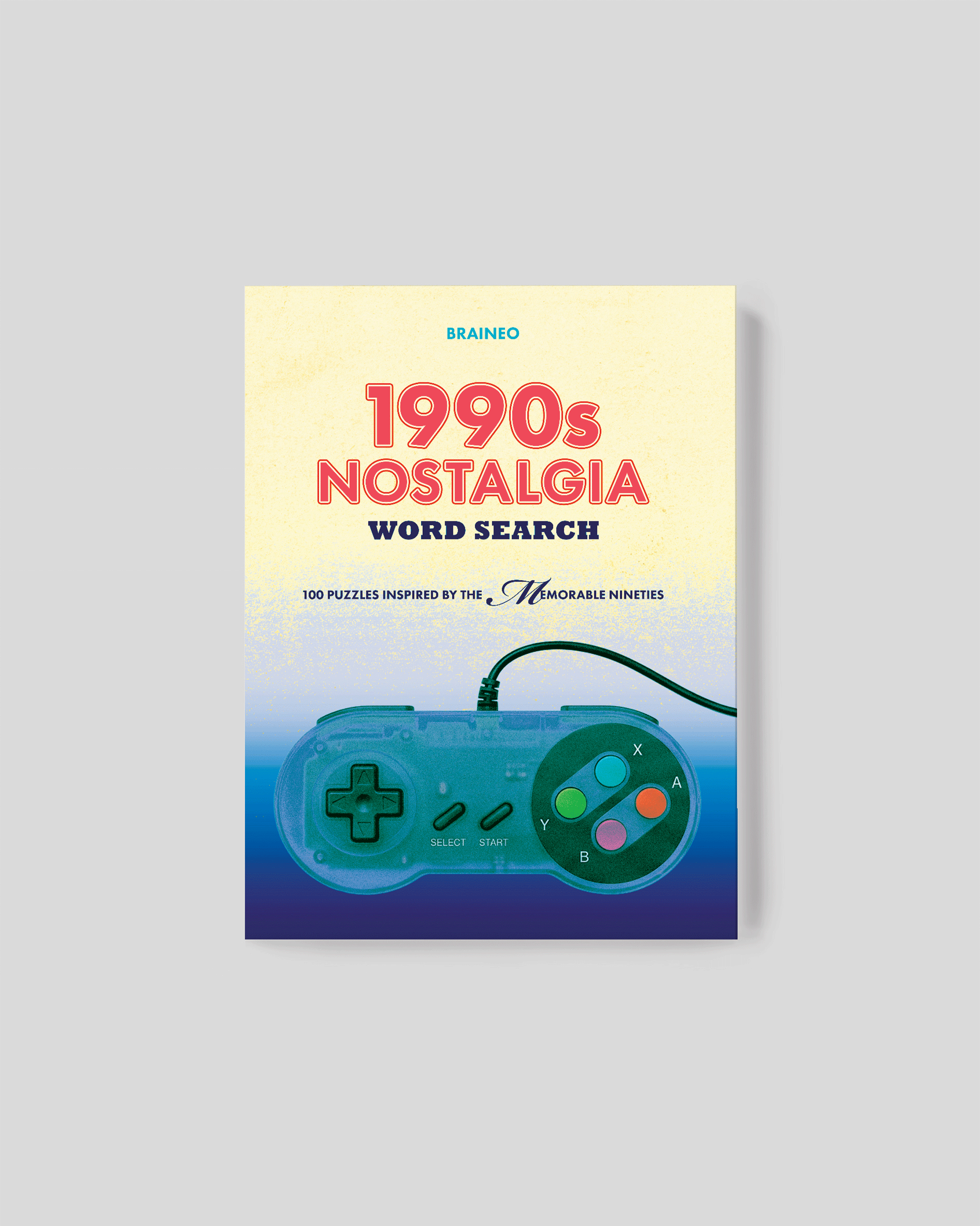 1990s Nostalgia Word Search paperback book cover featuring a retro game controller, 100 themed word search puzzles, and standard-difficulty 1990s-inspired activities.