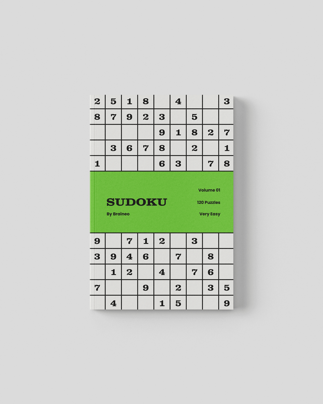 The Sudoku Skill Builder Volume 01 Very Easy cover with a green center band, black Sudoku title, and sudoku grid pattern.