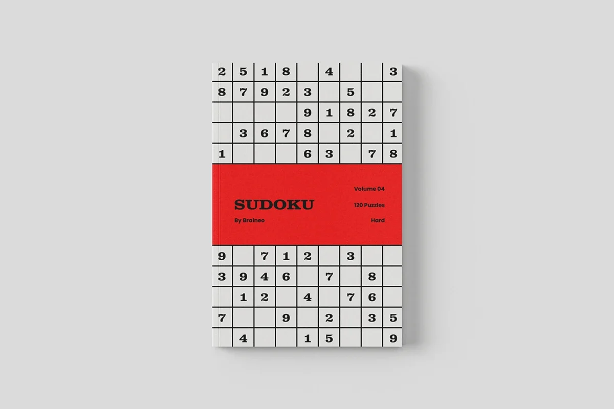 Cover of Braineo Sudoku Skill Builder Volume 04, Hard level, featuring a red band and sample Sudoku grids.