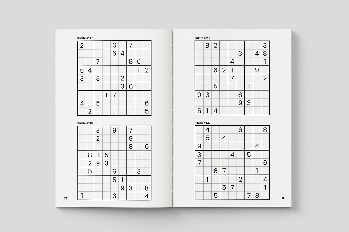 Sample interior pages from the Braineo Sudoku Skill Builder series showing four Sudoku puzzles per spread.