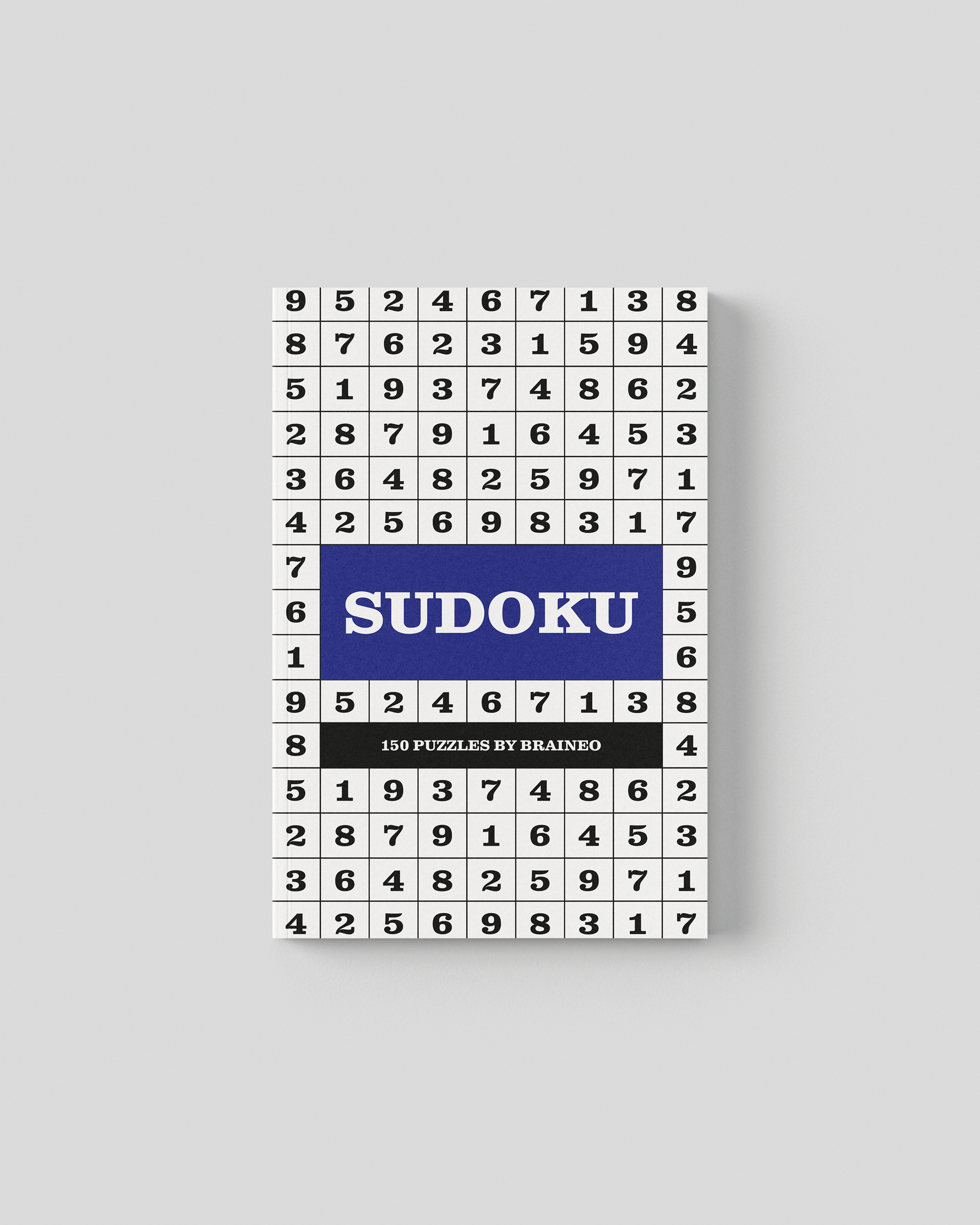 Normal difficulty travel sized sudoku puzzle book cover, blue grid design, 5 x 8 inches with 150 puzzles and solutions included.