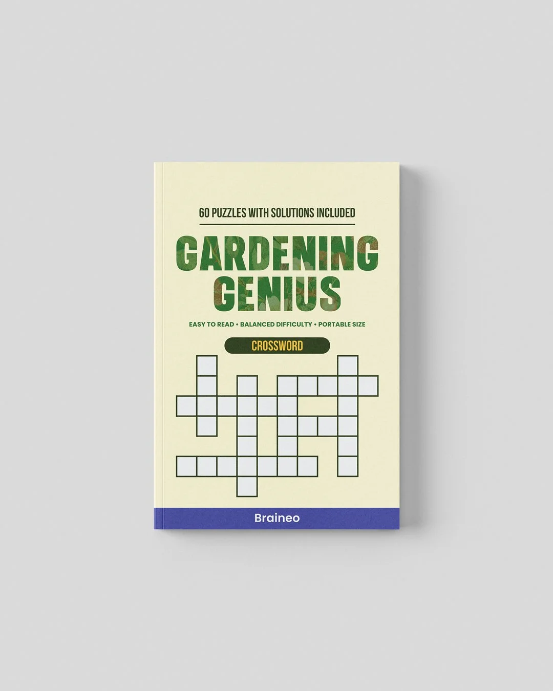Gardening Genius crossword puzzle book cover by Braineo featuring 60 gardening crosswords on plants, tools, soils, seasons, and pests.