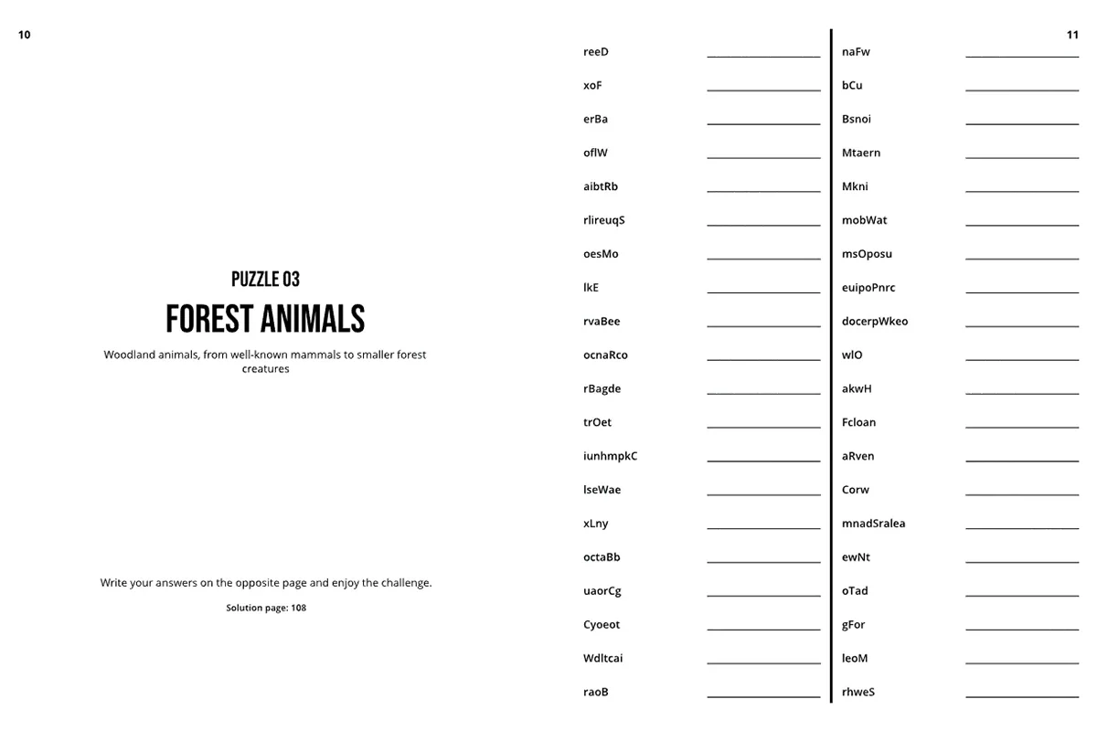 Interior spread from the Braineo Word Scramble book showing Puzzle 03, Forest Animals, with scrambled animal names and answer lines.