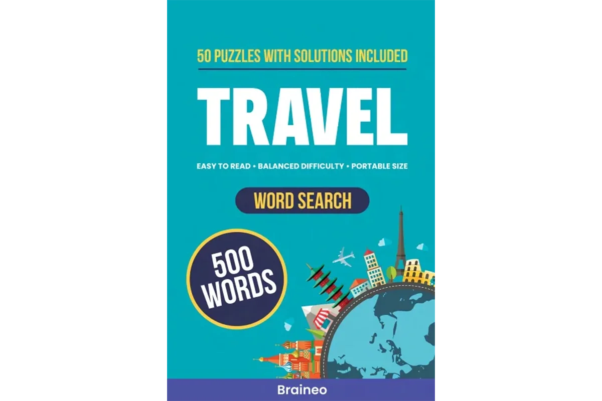 Braineo Travel Word Search printable book cover featuring a globe, landmarks, and 500 words