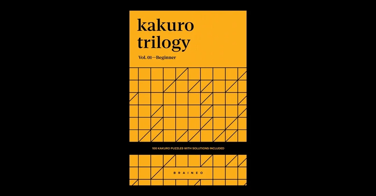 Braineo Kakuro Trilogy Vol. 01 Beginner printable puzzle book cover in yellow with geometric Kakuro grid design