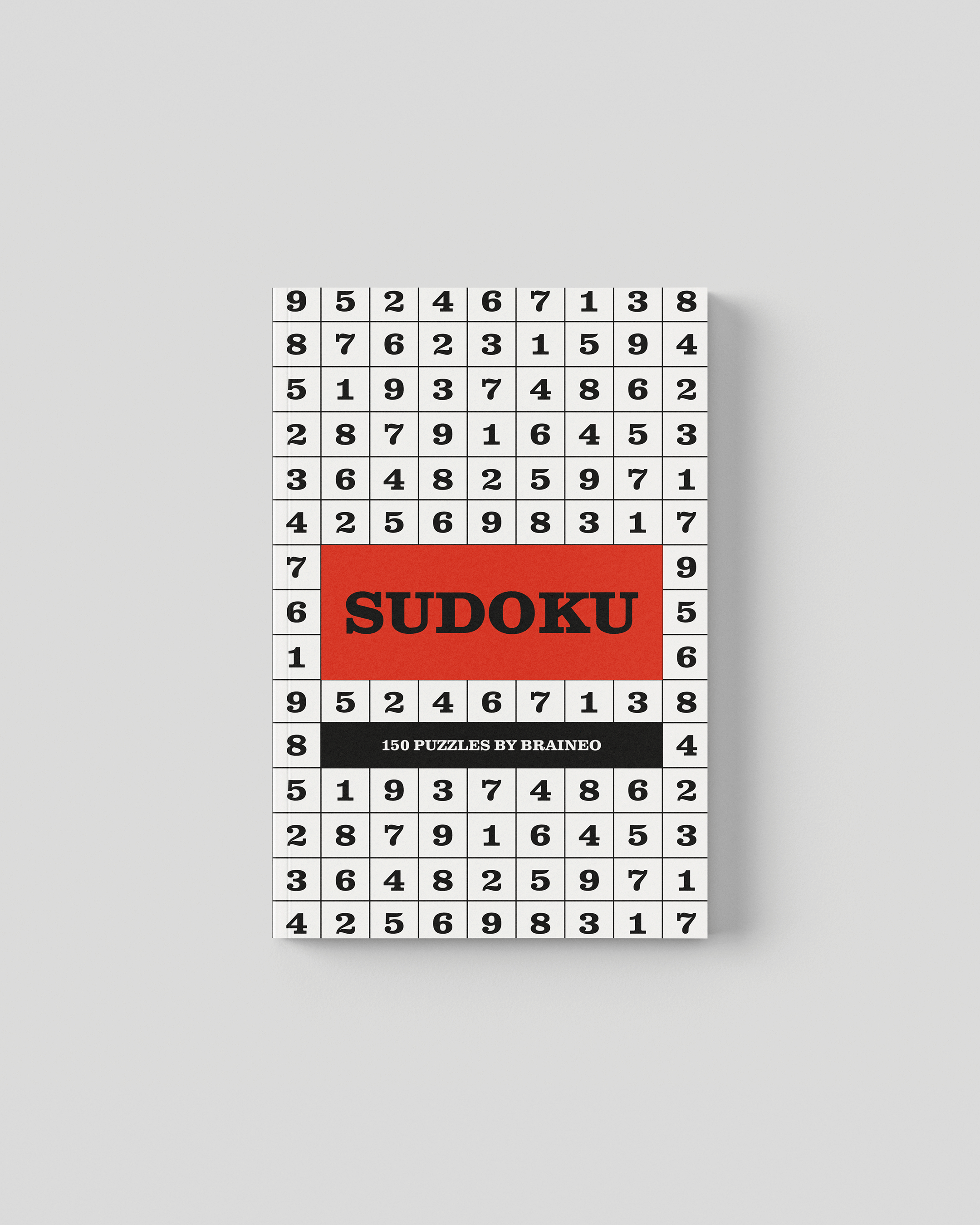 Hard sudoku travel sized puzzle book cover, red grid design, 5 x 8 inches with 150 puzzles and solutions included for adults.