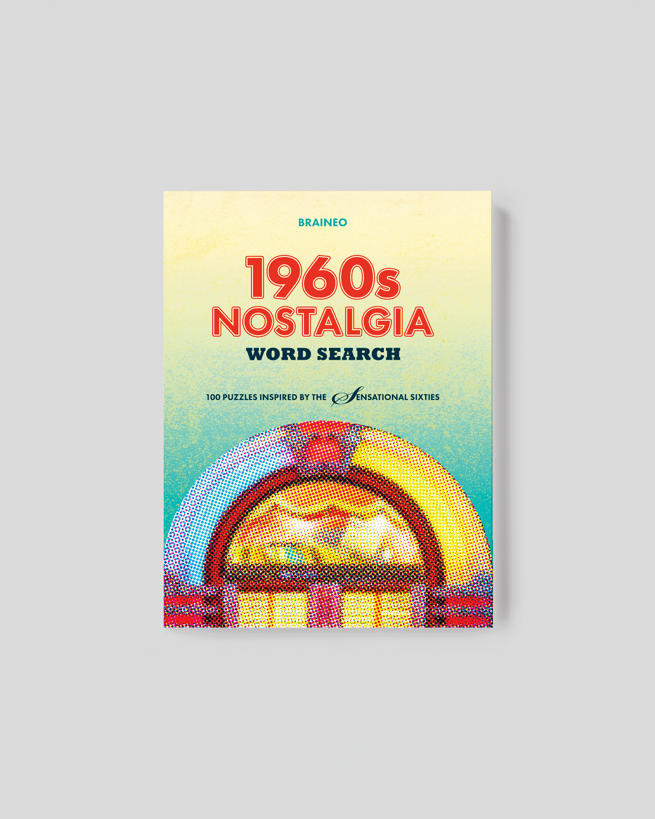 1960s Nostalgia Word Search paperback book cover featuring a retro jukebox, 100 themed word search puzzles, and standard-difficulty 1960s-inspired activities.