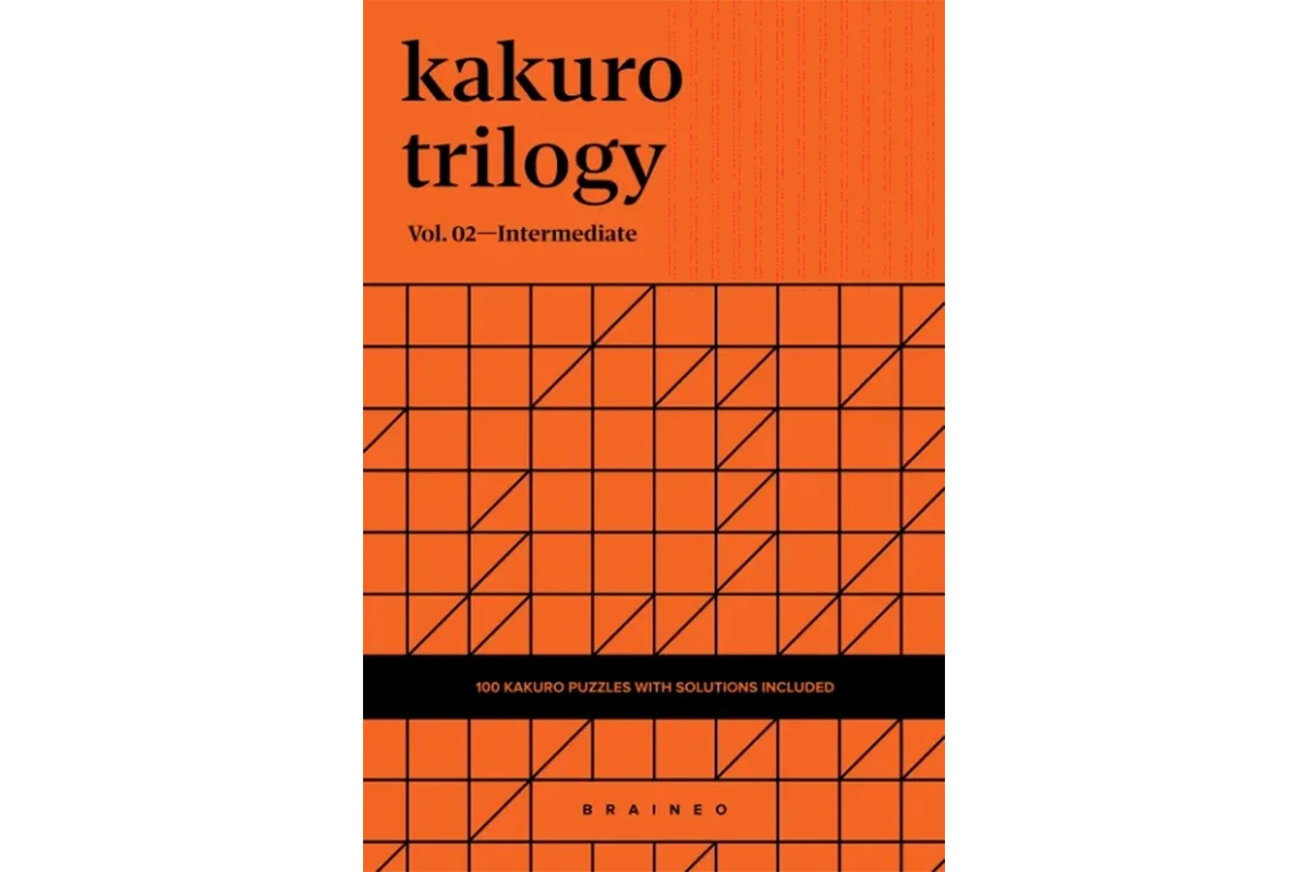 Braineo Kakuro Trilogy Vol. 02 Intermediate printable puzzle book cover in orange with geometric Kakuro grid design