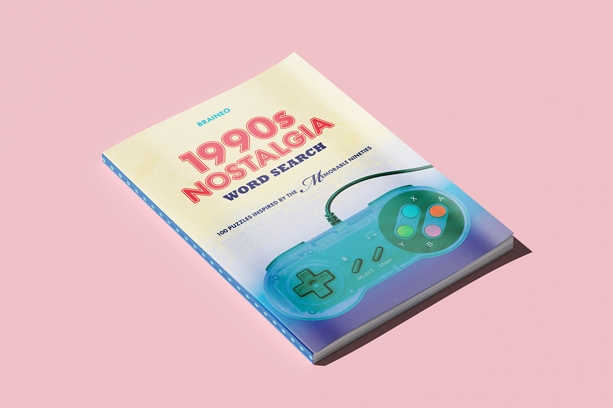 1990s Nostalgia Word Search book by Braineo with a retro game controller cover design