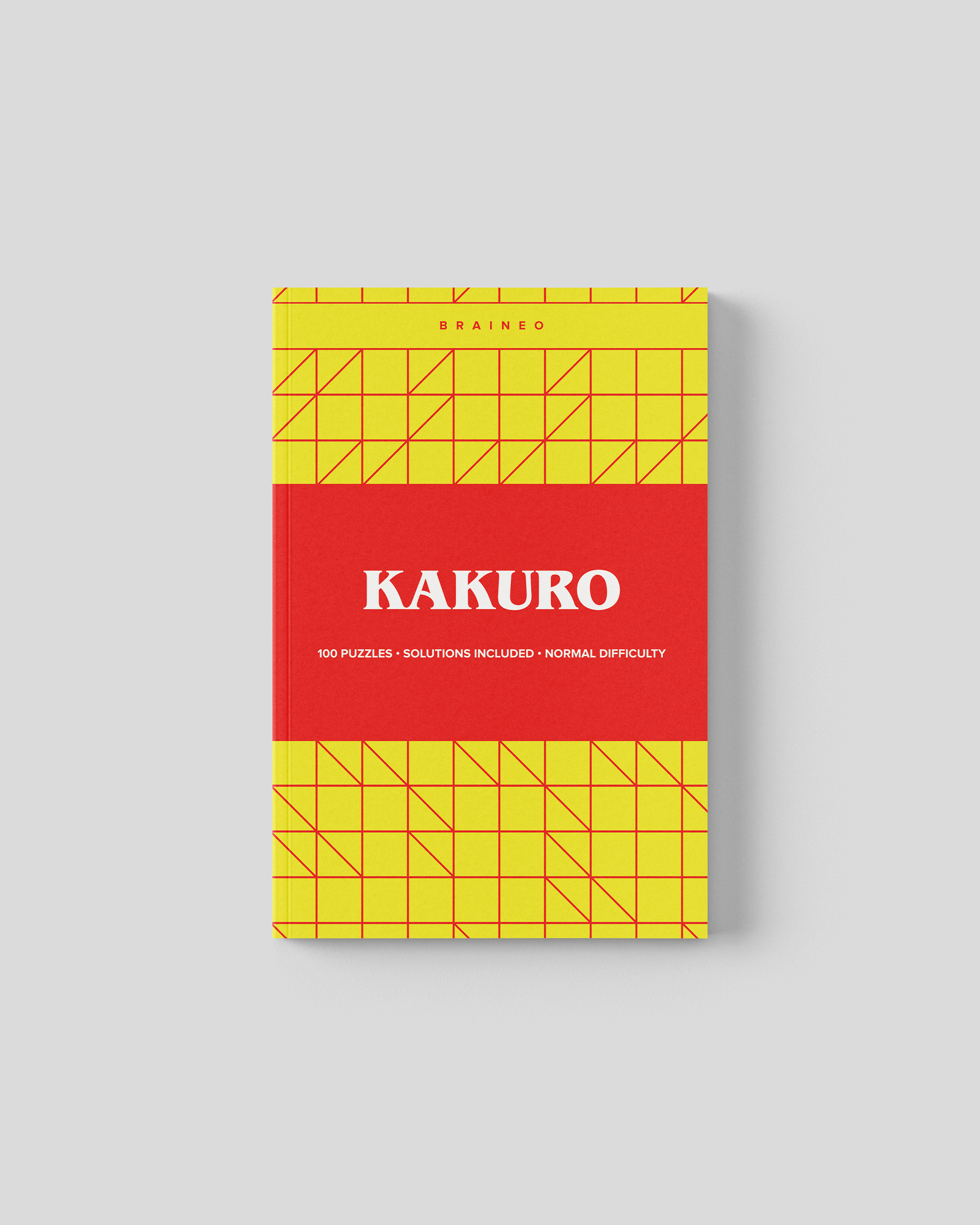 Normal difficulty Kakuro puzzle book cover with yellow and red geometric grid design, 5 x 8 inches, 100 puzzles with solutions included.