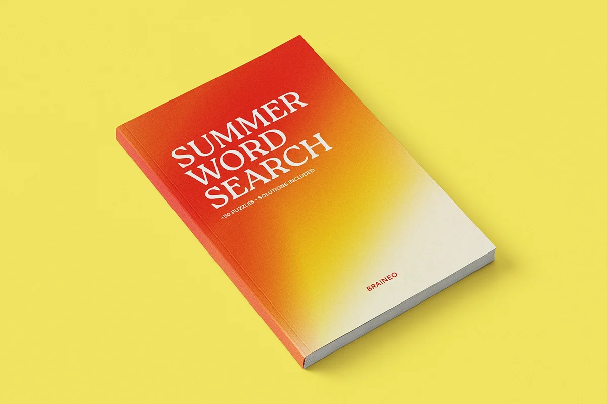 Summer Word Search paperback by Braineo shown at an angle on a bright yellow background