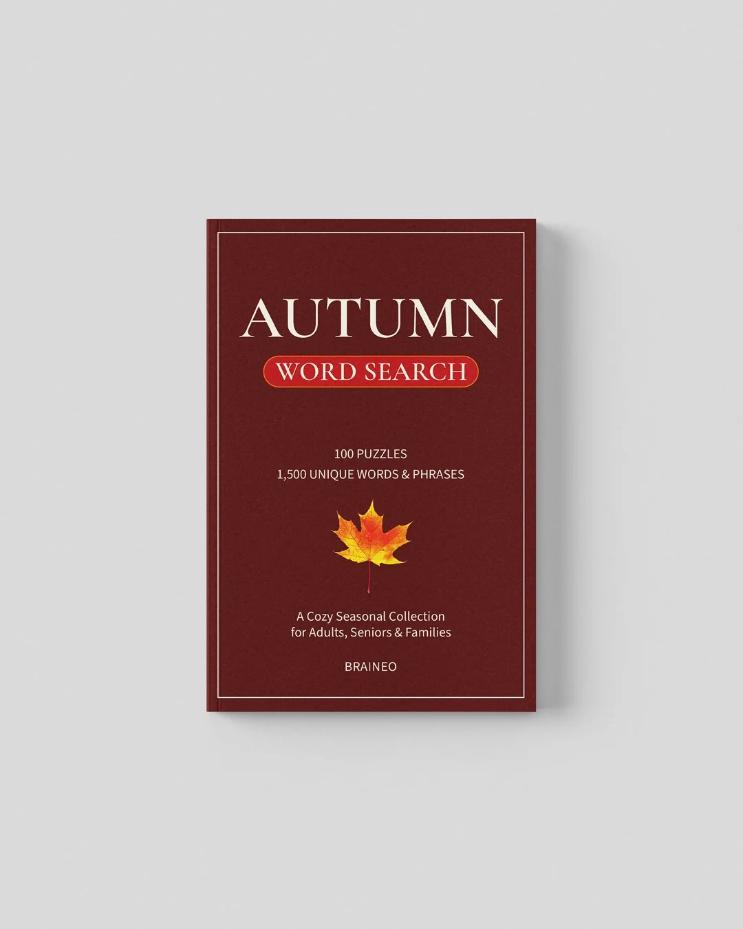 Autumn Word Search puzzle book cover with warm seasonal colors and fall leaf illustrations, featuring 100 standard-difficulty puzzles in a 6 x 9 inch paperback format.