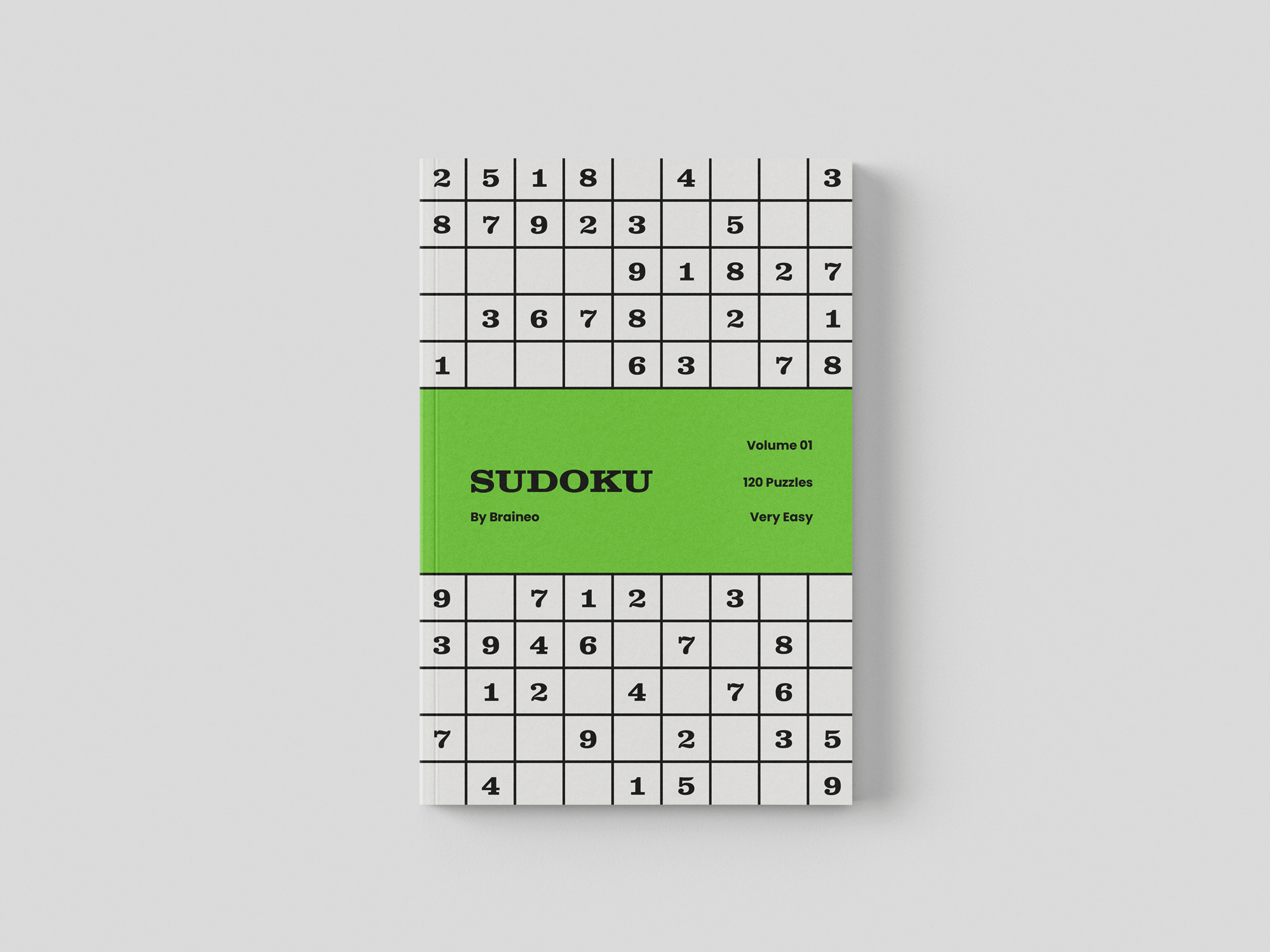 The Sudoku Skill Builder Volume 01 Very Easy cover with a green center band, black Sudoku title, and sudoku grid pattern.