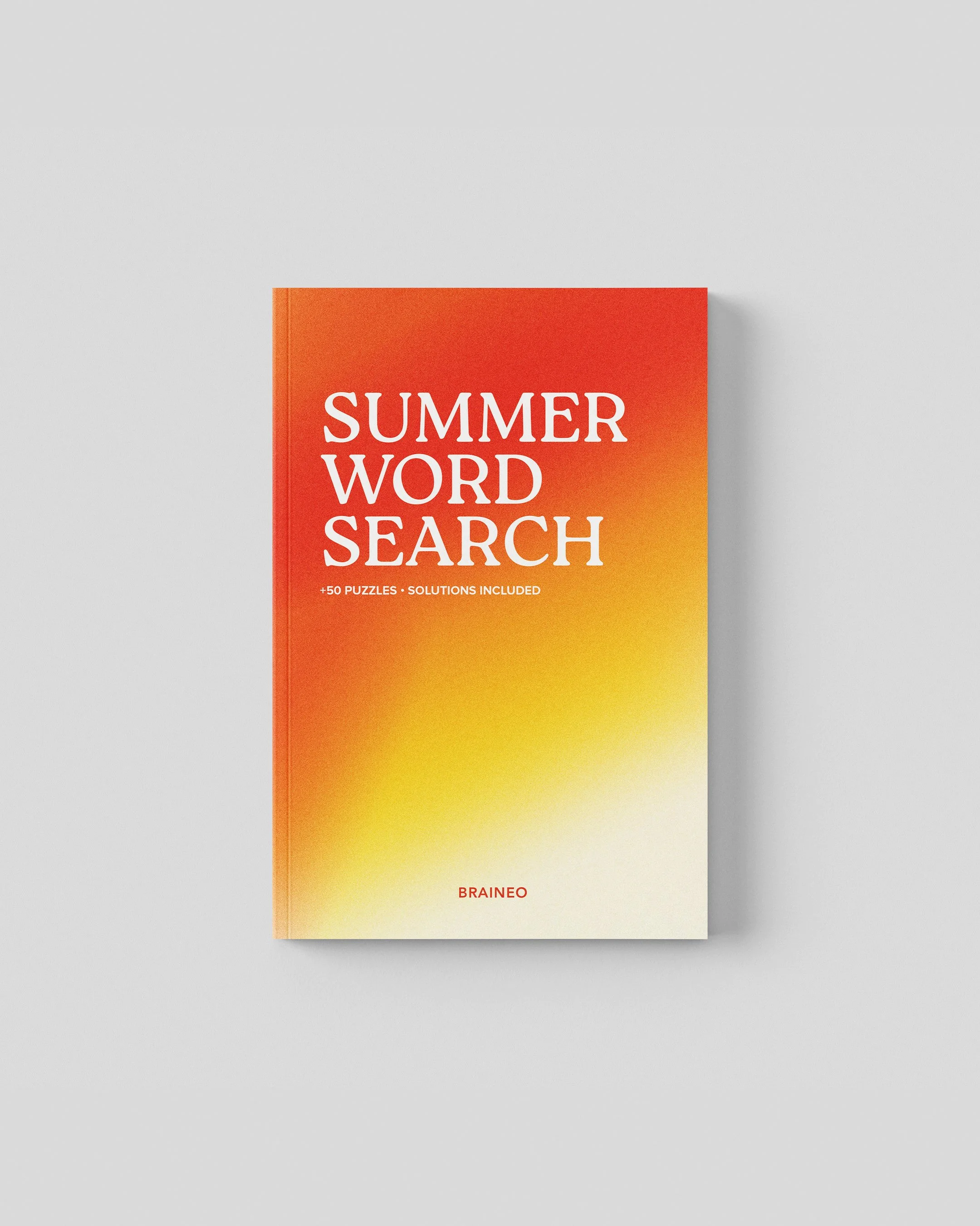 Summer Word Search puzzle book cover with an orange, yellow, and cream gradient, large white title, normal difficulty, and portable paperback format for adults and seniors.