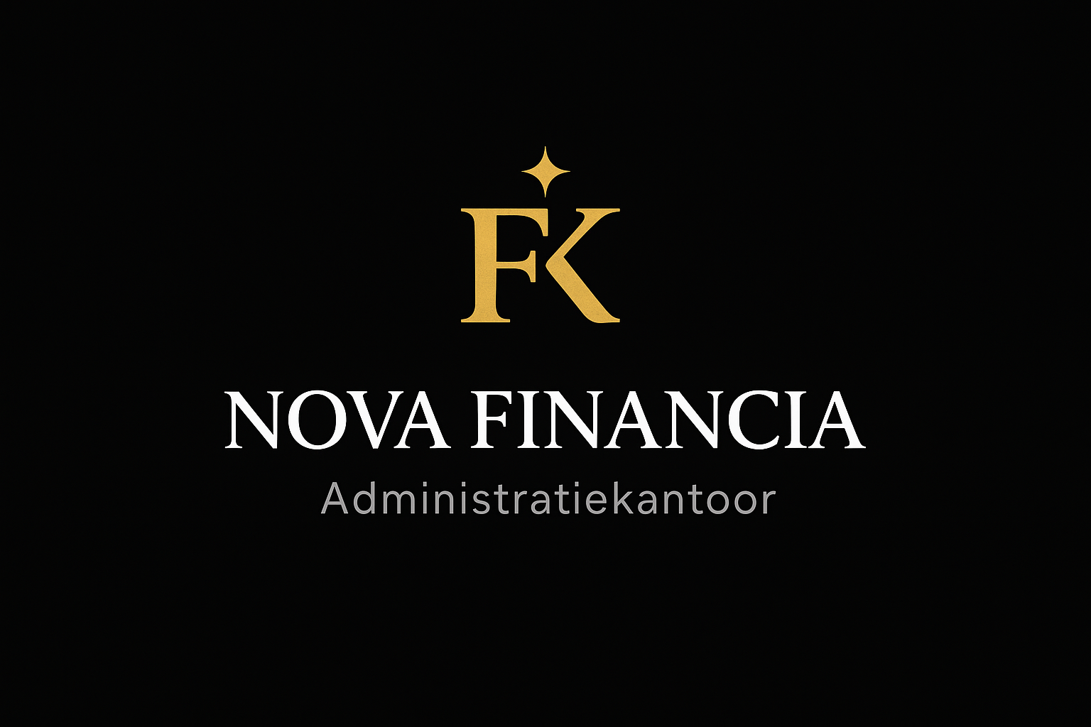Logo van Nova Financia, een administratiekantoor, met een zwarte achtergrond, gouden initialen 'FK' en witte tekst.