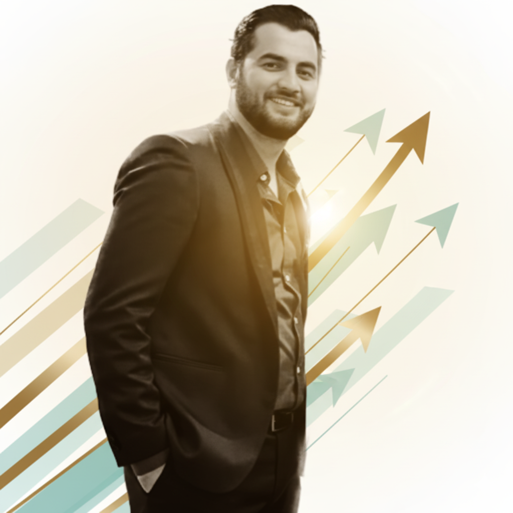 Man in pak met achtergrond van opwaartse grafiek pijlen in goud en mintgroen