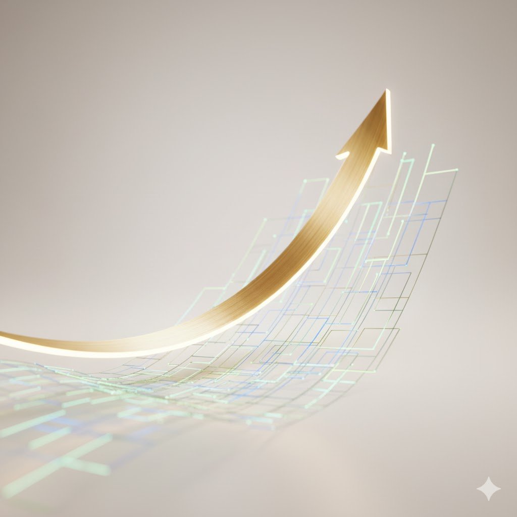 Een houten pijl die omhoog wijst, met een digitale grafiek van stijgende lijnen erachter, symboliseert groei of succes.