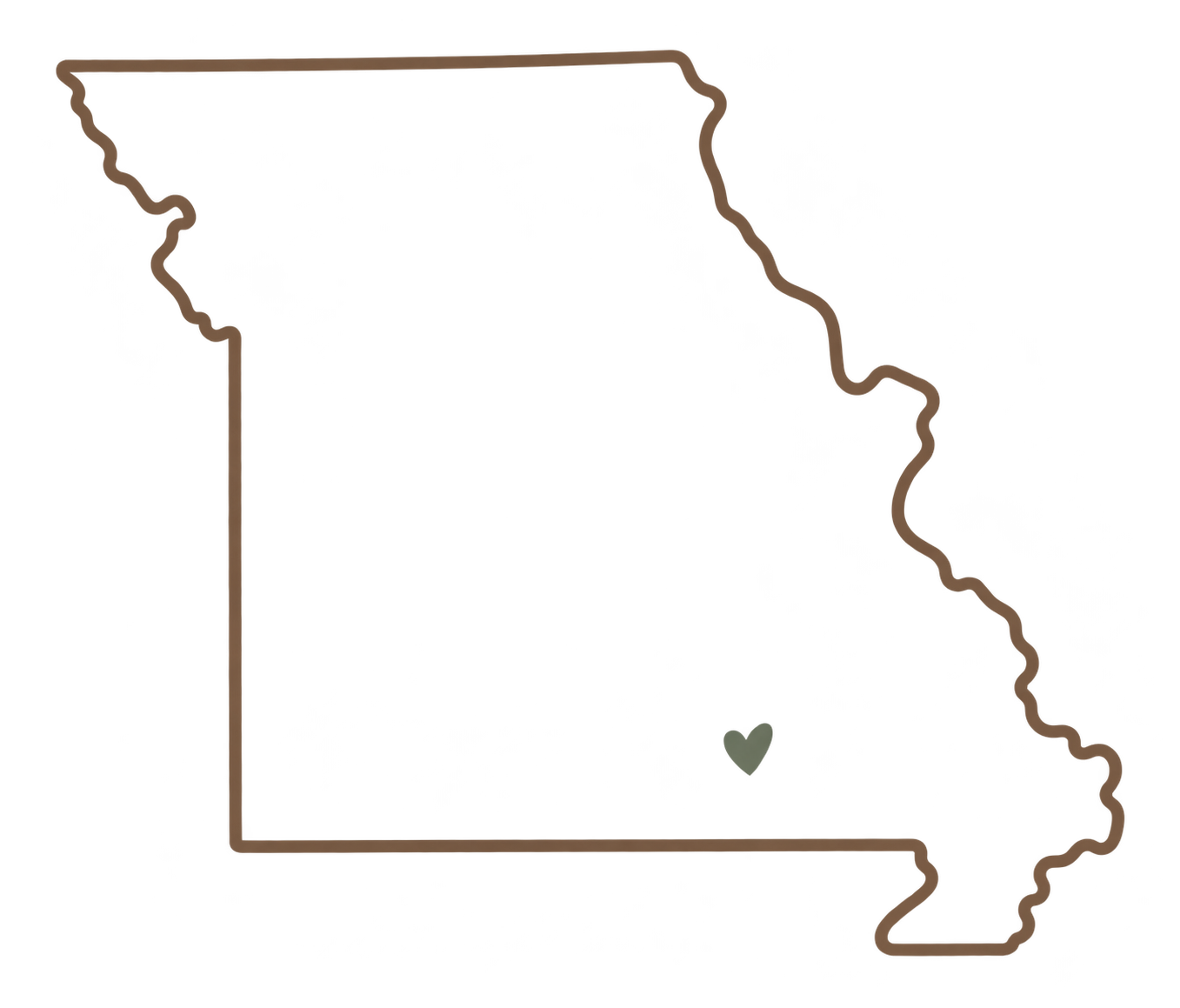 Map of the state of Arizona with state borders outlined, including the Grand Canyon indicated in the northern region and a small green heart symbol near the center.
