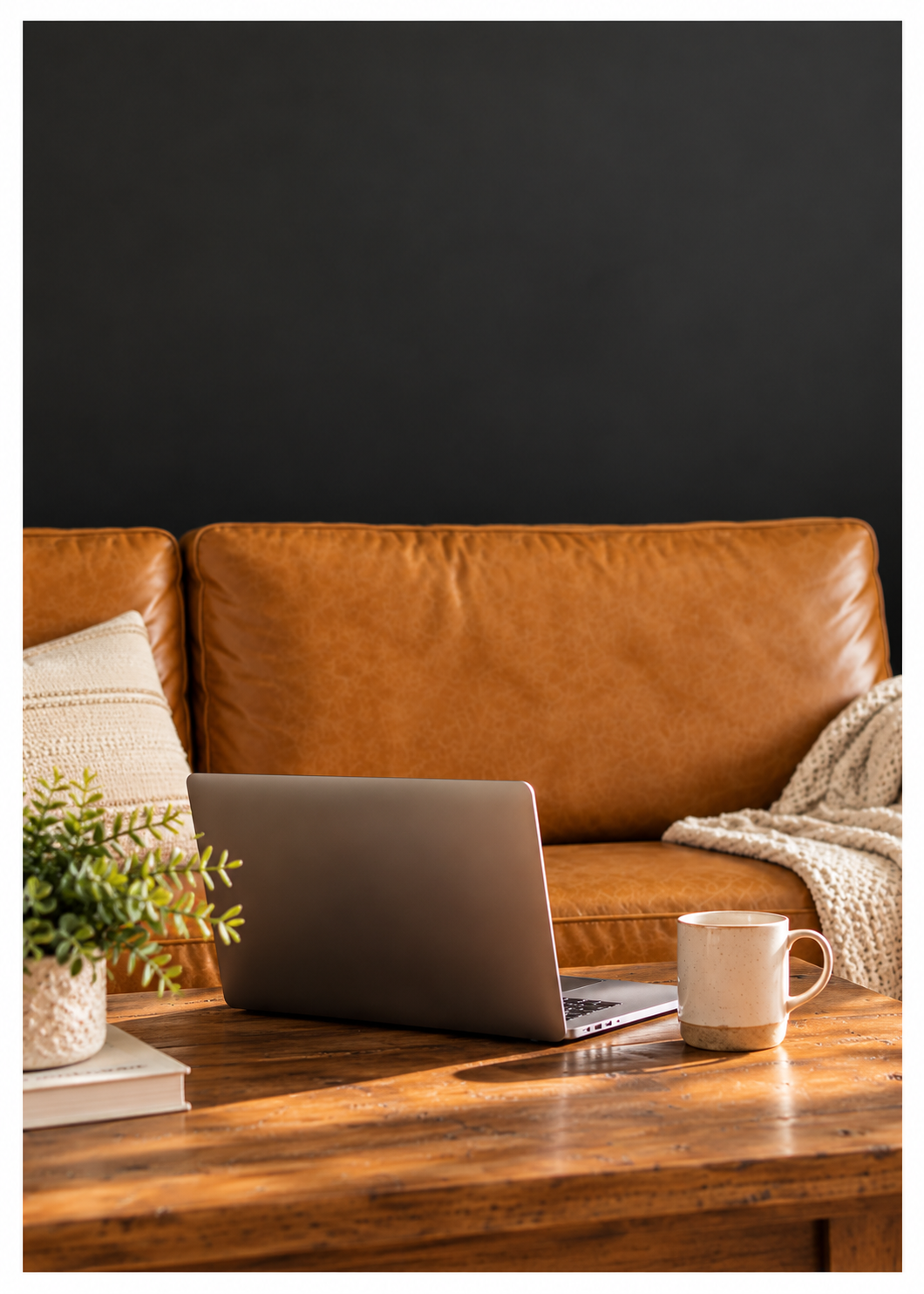 A cozy living room scene with a brown leather couch, beige pillows, and a cream-colored blanket. On a wooden coffee table, there is a potted plant, a closed laptop, and a ceramic mug. The background wall is painted dark gray.