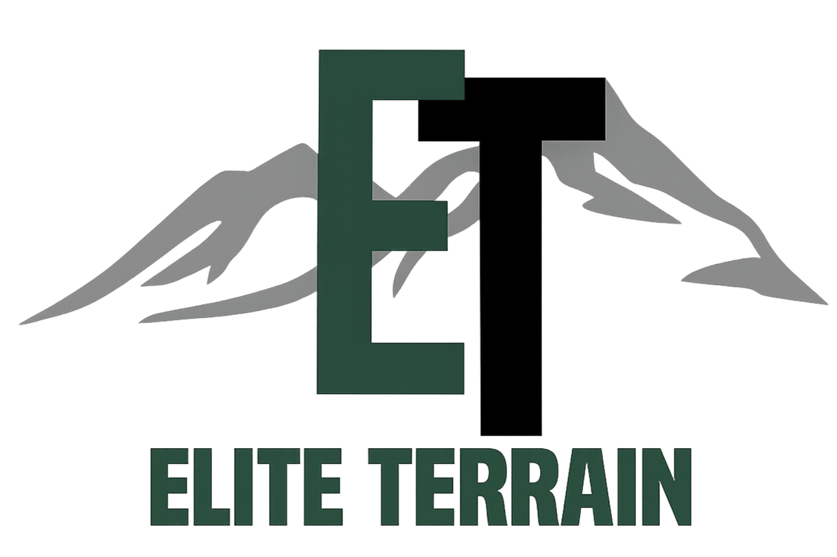 Logo for Elite Terrain featuring a large stylized letter 'E' with wings and the words 'Elite Terrain' underneath.