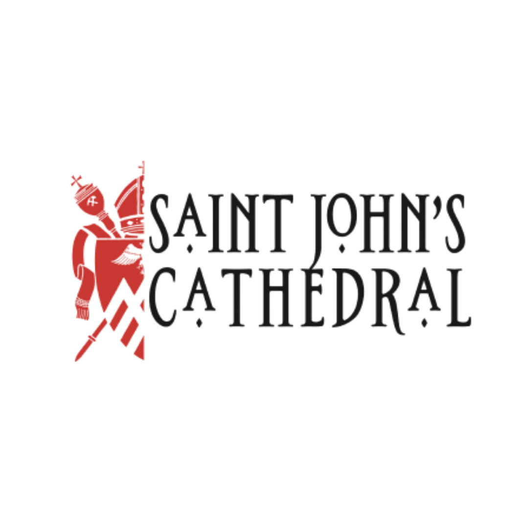 Black gothic text reading 'Saint John's Cathedral' with a red crest on the left side.