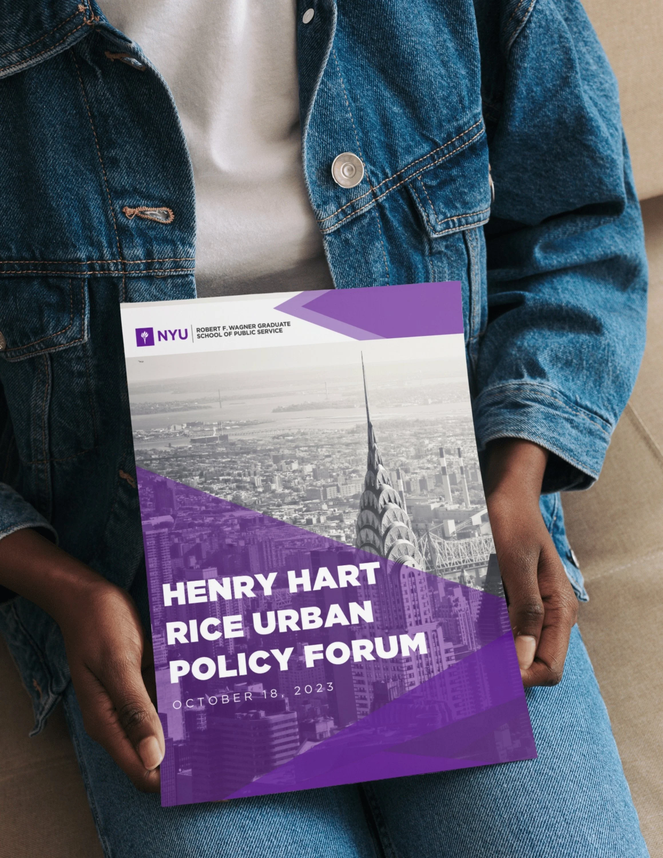 Person wearing a denim jacket holding a flyer for the Henry Hart Rice Urban Policy Forum at NYU, with a photo of New York City skyline and purple graphic design elements.