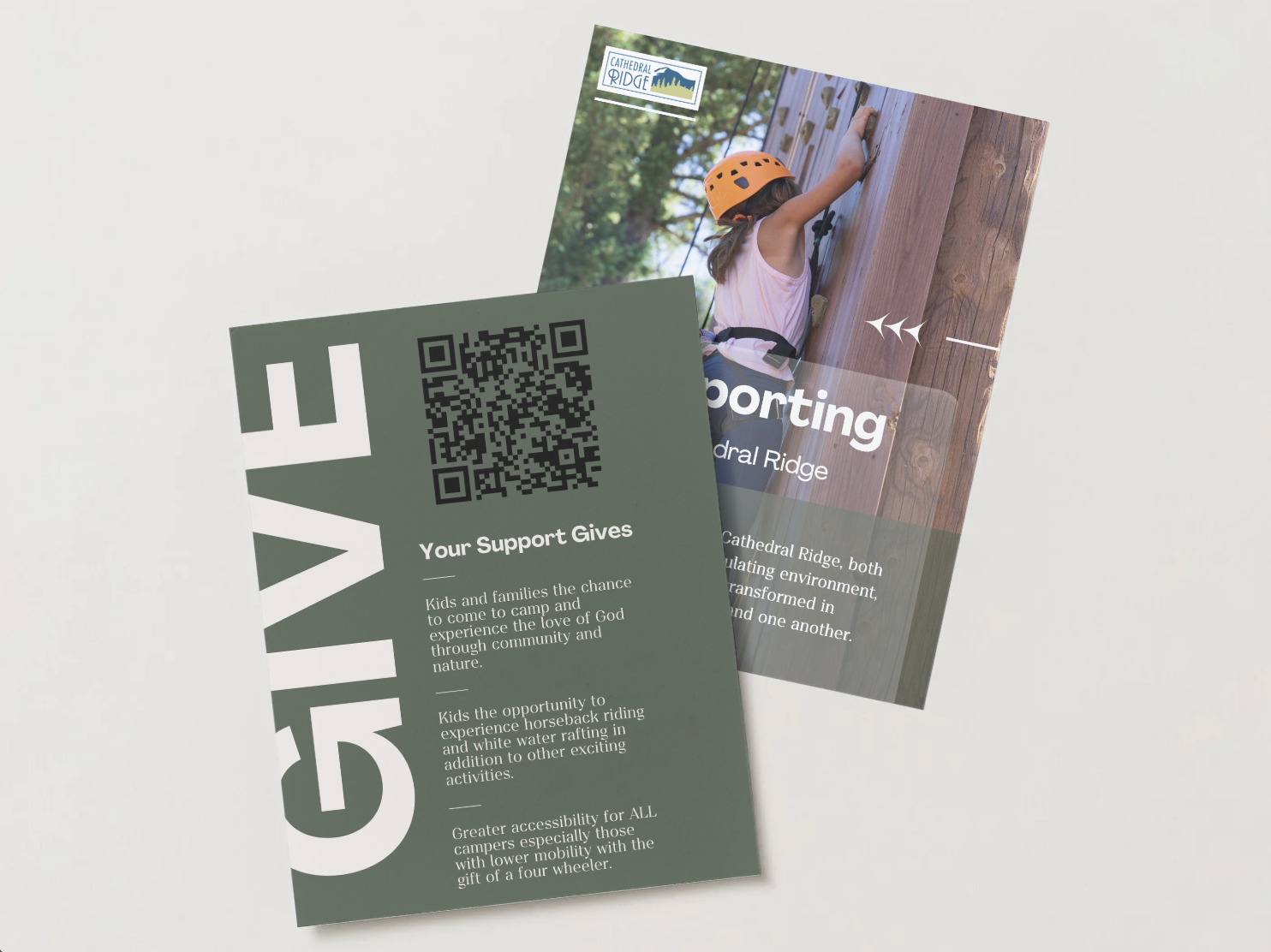 Informational flyers for Cathedral Ridge Camp, one with a QR code, a girl climbing a wooden wall, and the other with the word 'Give' in large letters, emphasizing community support for kids and families.