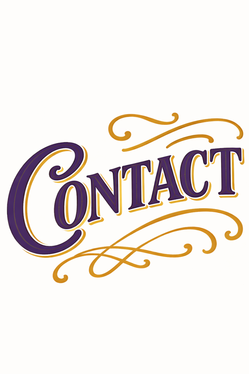 Decorative text reading 'Contact' in purple with gold accents and swirls.