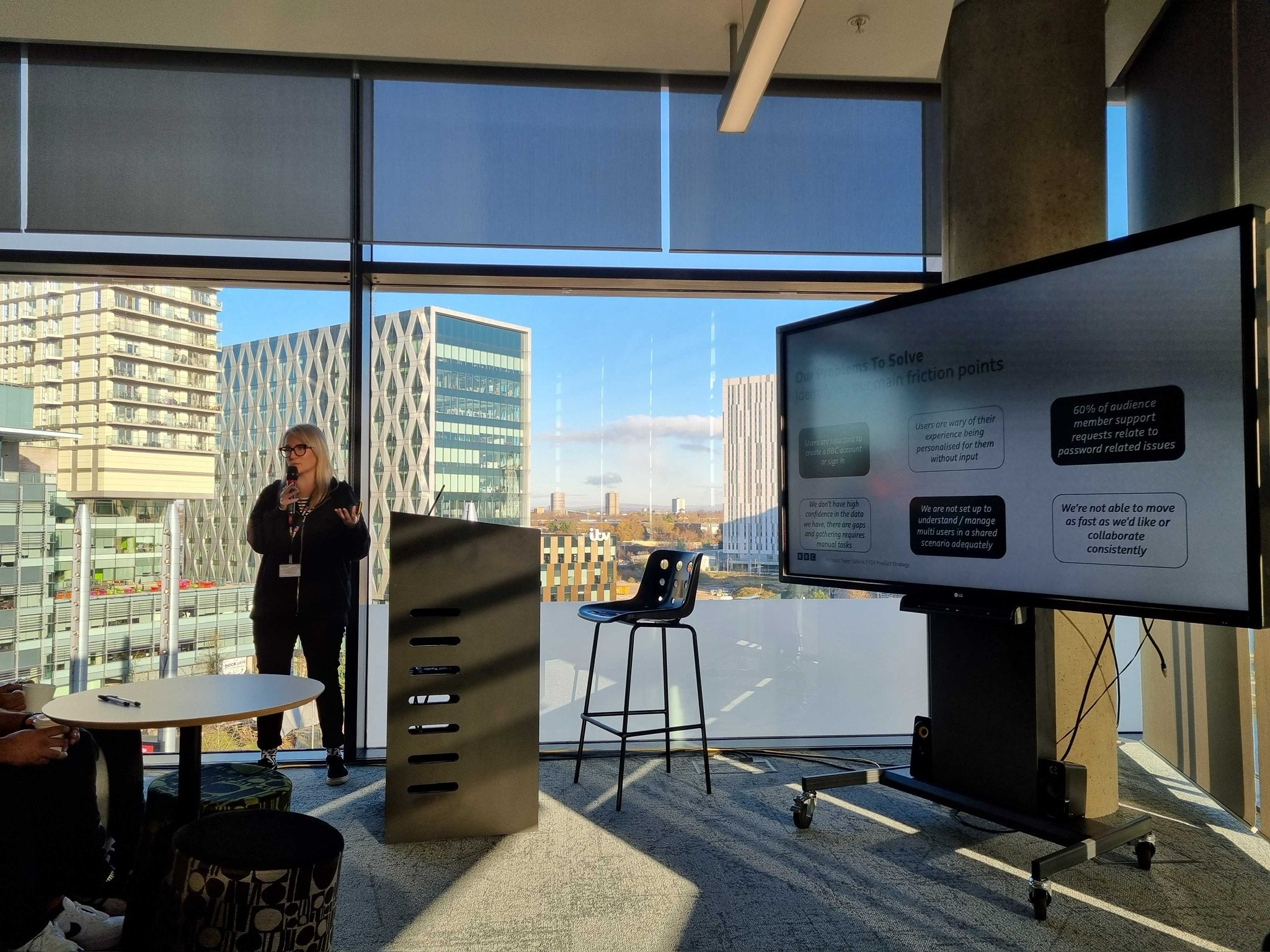 Em giving a presentation at Media City, Manchester 2024