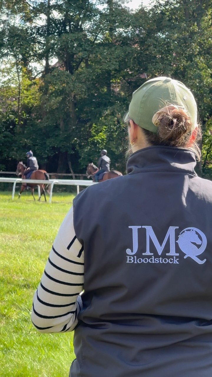 Person watching two people riding horses on a grassy field, with trees in the background.