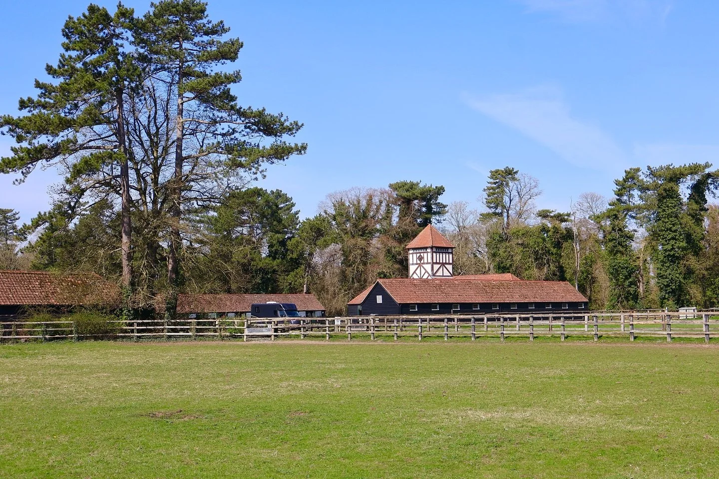 A rural scene featuring a large tree, a barn with a tower, and surrounding smaller trees under a blue sky.