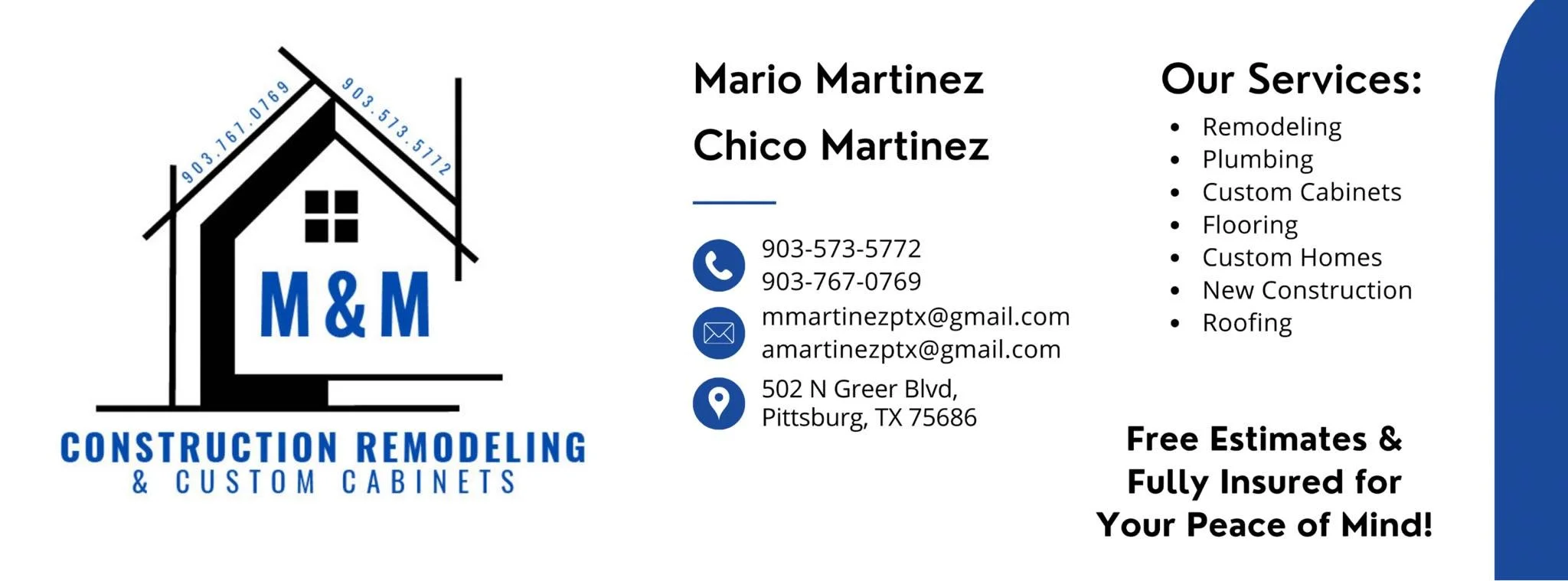 Business card for M & M Construction Remodeling, featuring a house logo, phone numbers, email addresses, and service list including remodeling, plumbing, custom cabinets, flooring, new construction, and roofing.