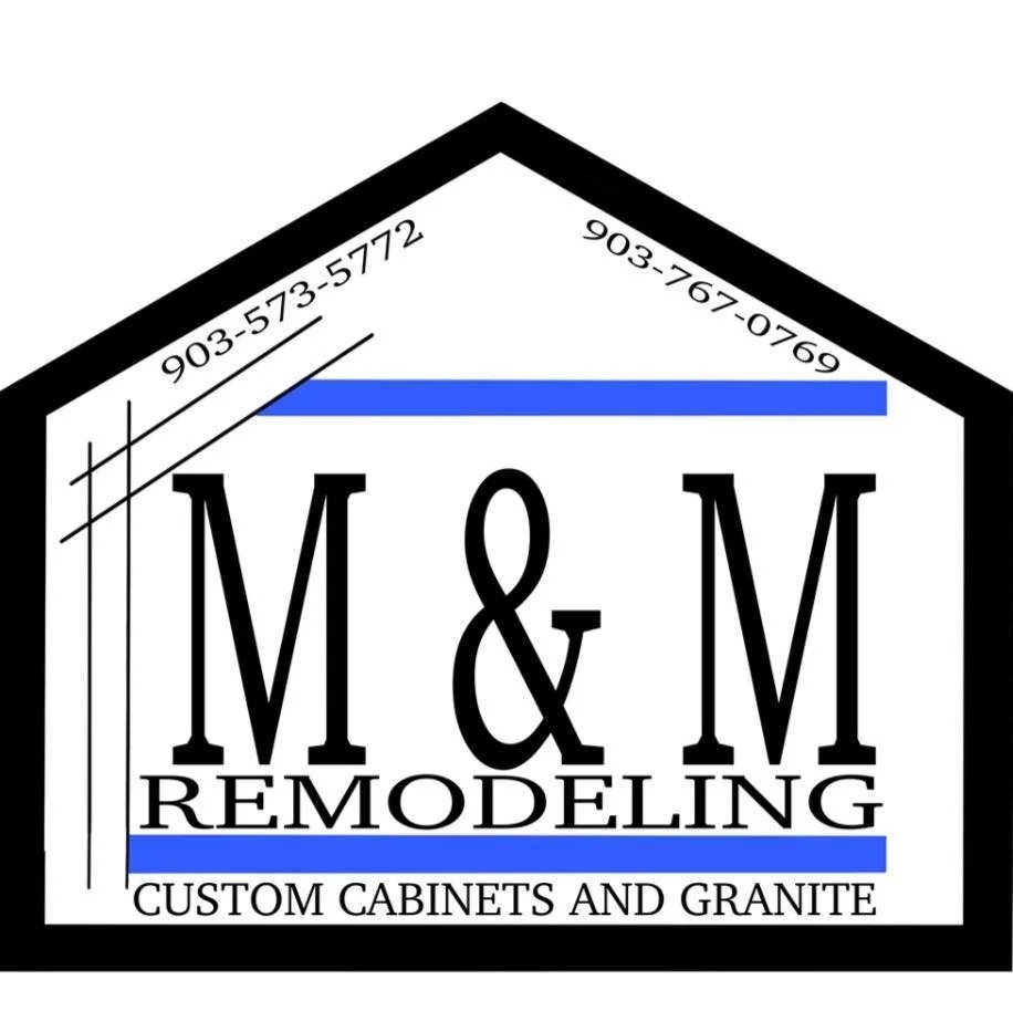 Logo for M&M Remodeling with contact numbers, a blue bar, and text indicating custom cabinet and granite services inside a house outline.