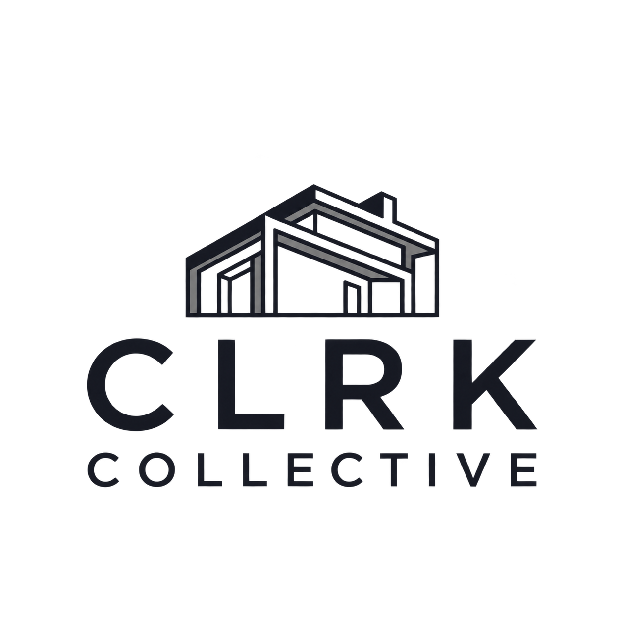 A logo featuring geometric architectural lines in white and yellow, with the text 'CLRK COLLECTIVE' beneath it, on a black background.