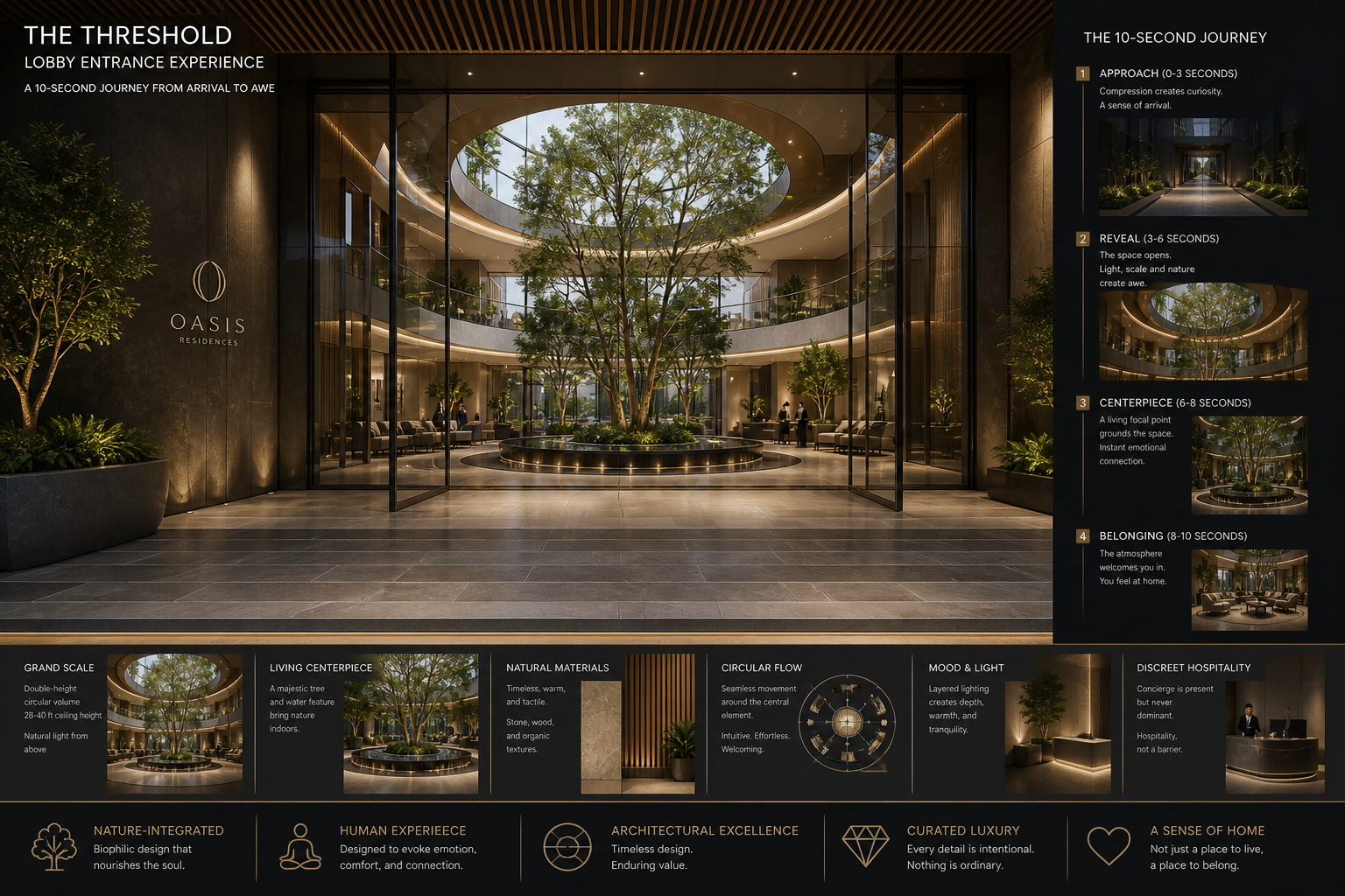Interior view of an upscale residential lobby with a large central tree, multiple seating areas, and glass balconies on upper floors, illuminated with warm lighting and modern design elements.