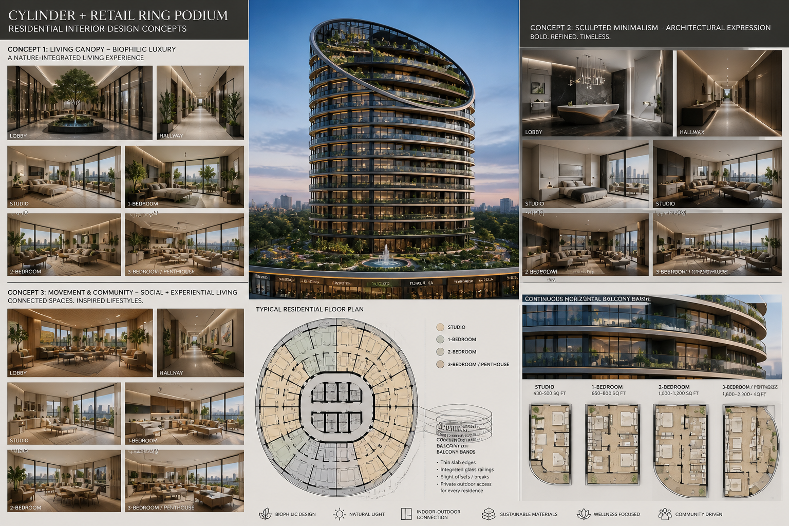 Architectural design presentation for a residential tower called Cylinder + Retail Ring Podium. Includes conceptual images of interior living spaces like lobbies, hallways, studios, one-bedroom, two-bedroom, and three-bedroom/penthouses showcasing biophilic luxury, sculpted minimalism, and communal living themes. The central image shows a modern, curved high-rise building with landscaped terraces and a fountain at its base. A typical residential floor plan is displayed, along with layouts for different apartment types. Additional diagrams explain design features like balconies, continuous horizontal balcony bars, and sustainable materials.
