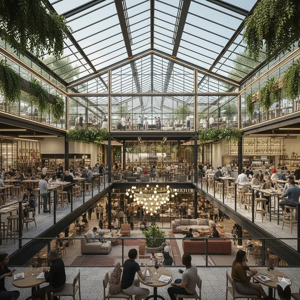 3-story Green Haus Food Hall (*AI rendered)