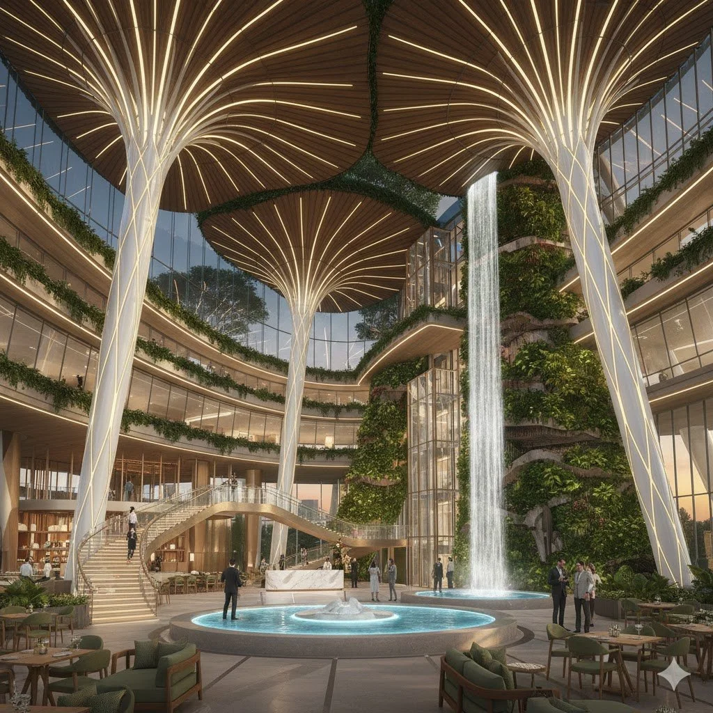 Interior of a modern, multi-story building with large glass windows, vertical waterfalls, lush green plants, a circular fountain, and unique tree-like columns with lighting, featuring people walking and sitting.