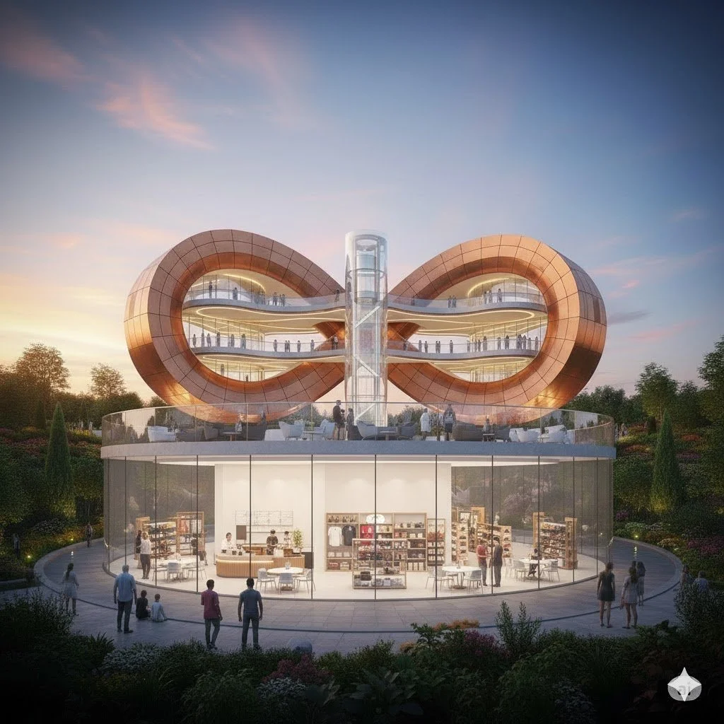 A futuristic building with a large, curved, copper-colored exterior and multiple levels of glass walkways. The structure is set outdoors with people walking and gathering around, and there is a circular glass-walled area at the base with an interior 