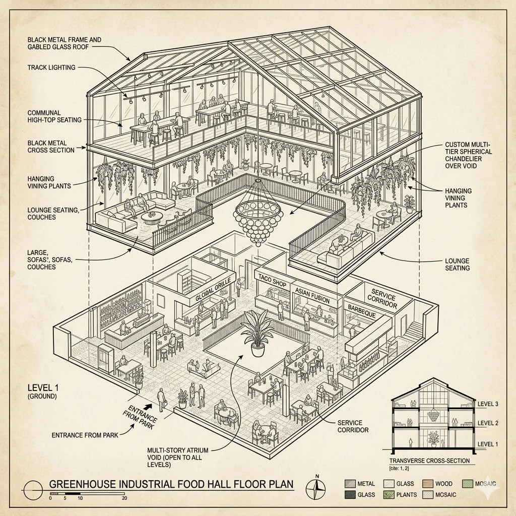 A detailed floor plan of a greenhouse industrial food hall with multiple levels, showing food stalls, seating areas, lounging spaces, hanging plants, and a glass rooftop.