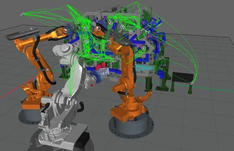 A digital rendering of a robotic manufacturing setup with two orange robotic arms assembling or working on machinery, overlaid with green and blue lines indicating data flow or motion paths, and various mechanical components and frames in the background.